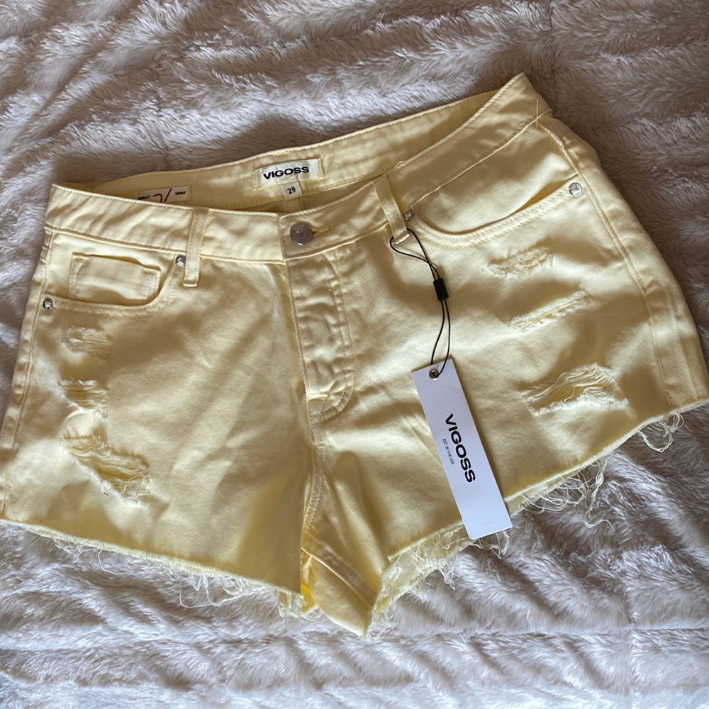 Vigoss Pale Yellow Distressed Denim Cutoff Shorts